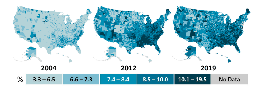 Increase in Diabetes by county 2014 to 2019