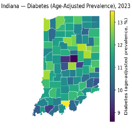 Indiana county diabetes prevalence map